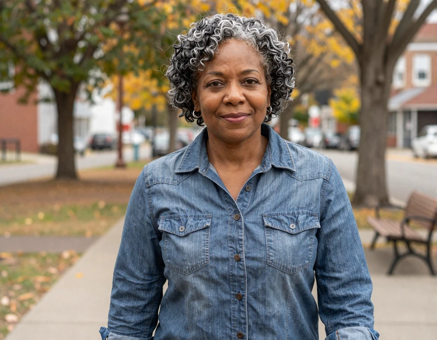 Mature African American woman walking in an autumn park, illustrating a safe online dating experience on SendBerly