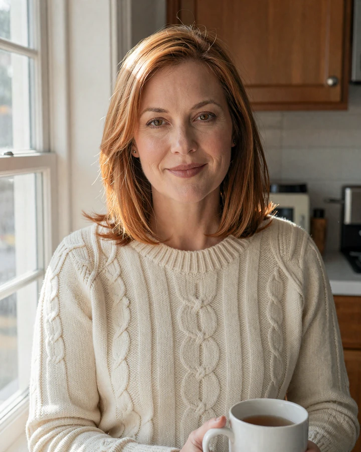 Mature woman in her early fifties smiling warmly by a kitchen window, representing genuine members on the SendBerly dating site for men over 45